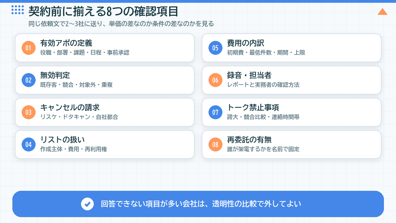 成果報酬型テレアポ代行の契約前確認項目