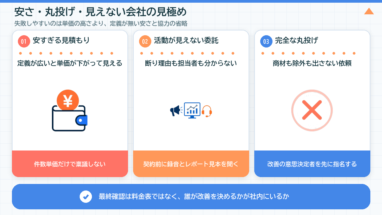 営業代行会社選びで注意したい安さ・丸投げ・見えない体制